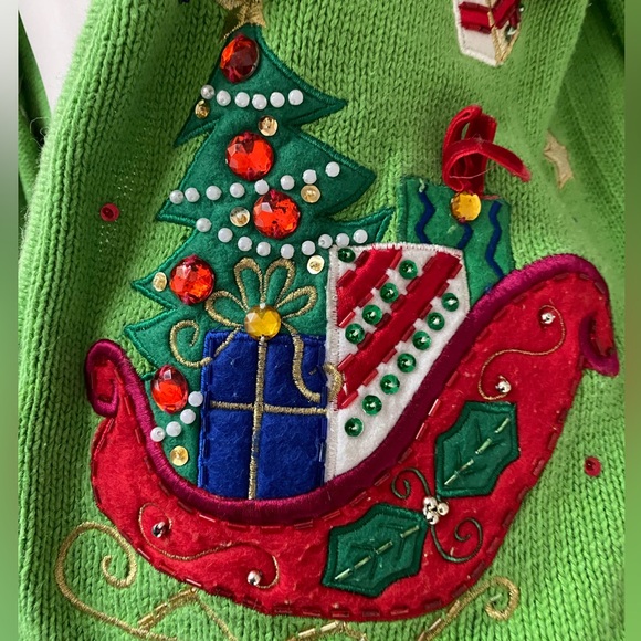 Vintage Festive Christmas winter Green Santa cotton & Ramie knit Cardigan - Picture 12 of 13